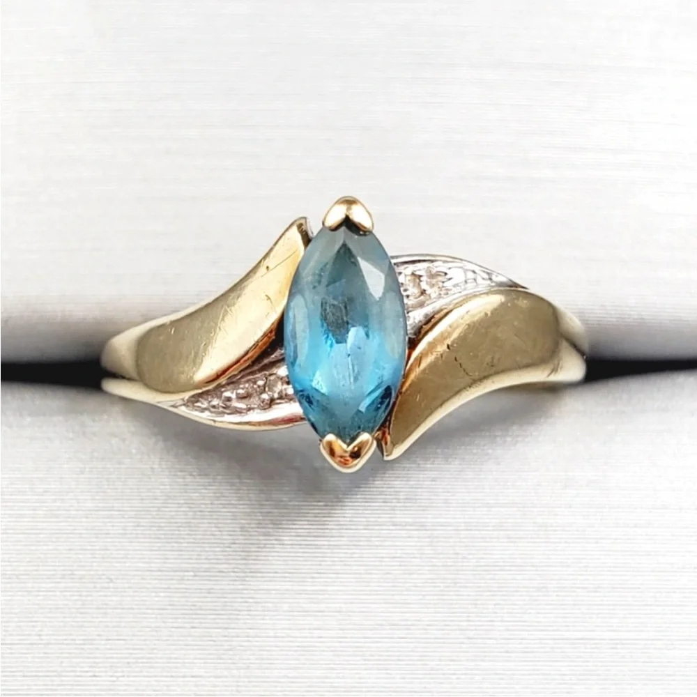 10k Solid Yellow Gold Marquise Shaped Blue Topaz & Diamond Accent Ring